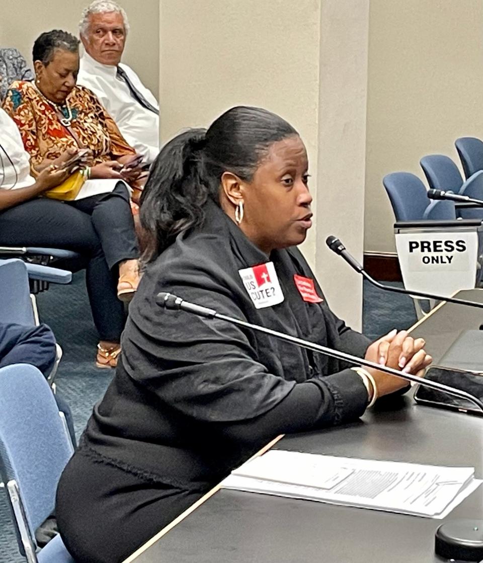 Louisiana State Sen. Katrina Jackson, D-Monroe, speaks to the Senate Judiciary C committee about her bill that would end the state's death penalty on Tuesday, April 19, 2022.