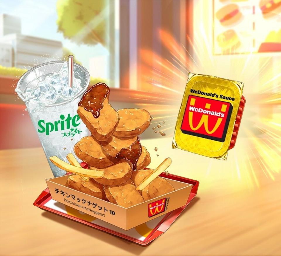 Chicken McNuggets and a WcDonald's sauce packet on a table in an anime drawing