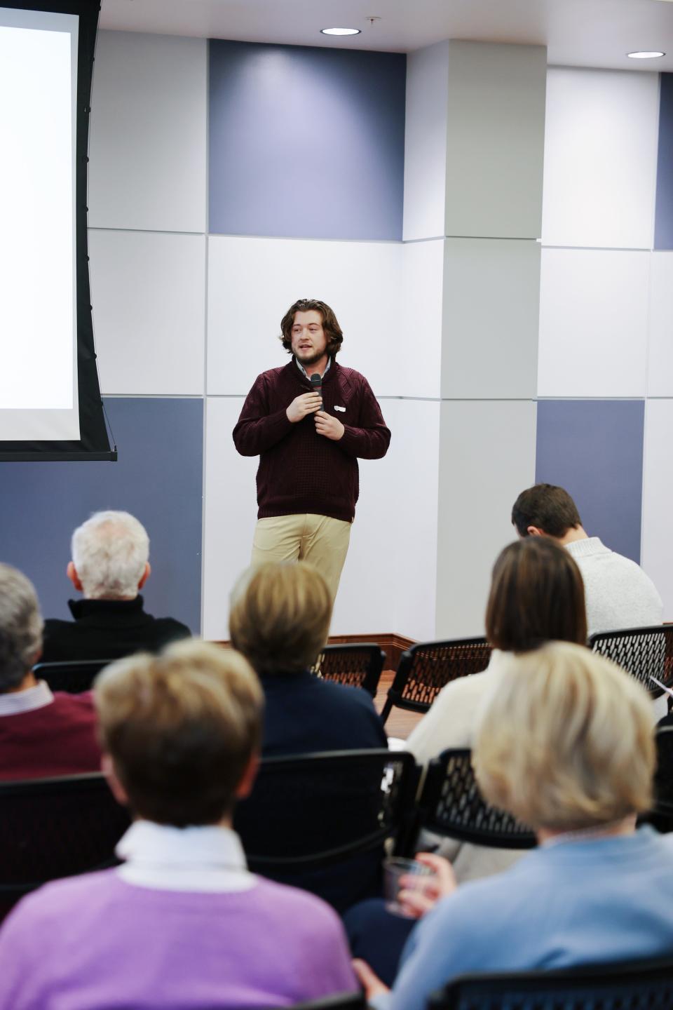 Nathan Maslyk, director of marketing and development for the Canton Symphony Orchestra, addresses the audience at the recent State of the Symphony event.