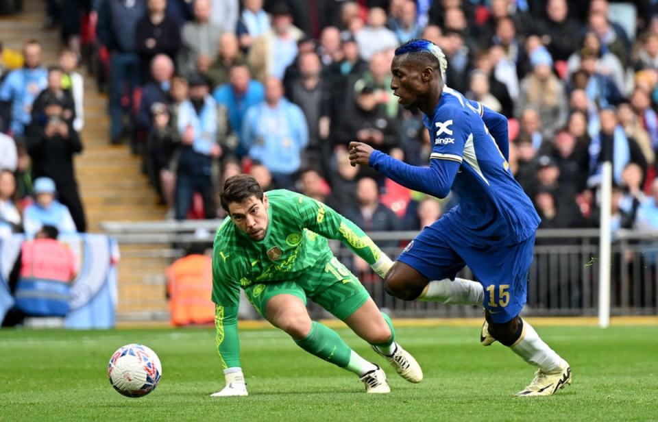 Nicolas Jackson wasted three clear chances to put Chelsea in front as Man City advanced  (The FA/Getty)