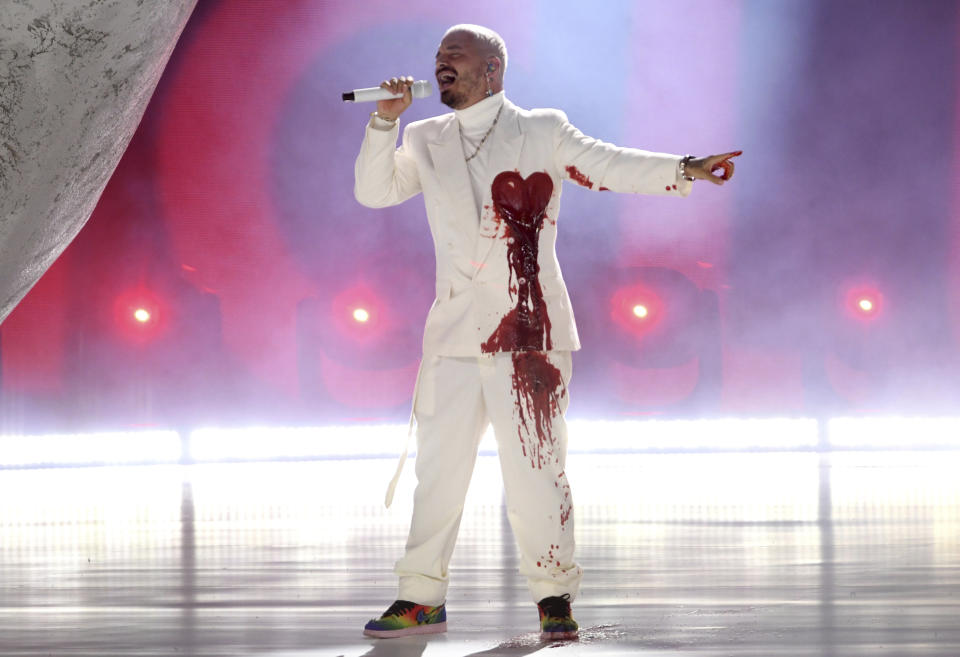 J Balvin performs for the 21st Latin Grammy Awards, airing on Thursday, Nov. 19, 2020, at American Airlines Arena in Miami. (AP Photo/Taimy Alvarez)