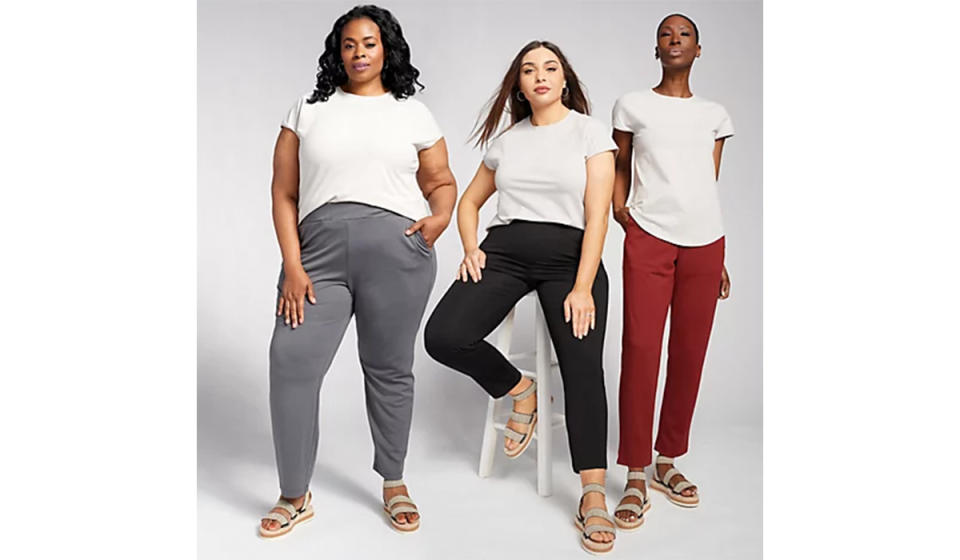 3 models of different shapes and sizes wearing the same style pant in assorted colors