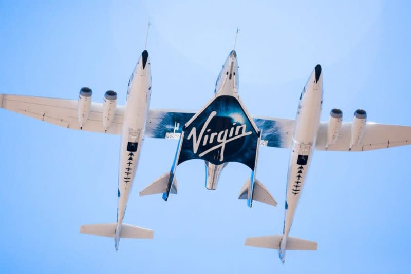 Virgin Galactic's VMS Eve airplane carries the VSS Unity spaceship under its wing. Photo courtesy of Virgin Galactic