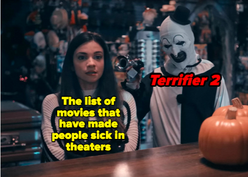 Caption: "The list of movies that have made people sick in theaters: Terrifier 2," with a young woman standing next to a scary clown by a table with pumpkins on it