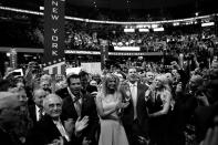 <p>Donald Trump’s children, (L to R) Donald Jr, Ivanka, Eric and Tiffiny celebrate as Donald Jr. announces the delegate count putting their father over the top to clinch the nomination during the RNC Convention in Cleveland, OH on July 19, 2016. (Photo: Khue Bui for Yahoo News)</p>