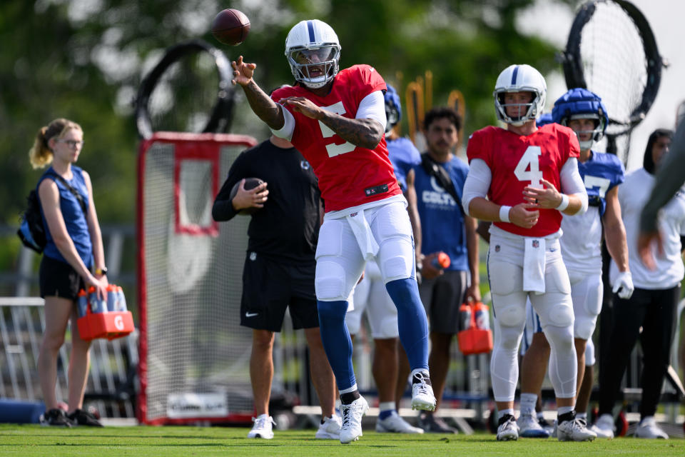 Indianapolis Colts quarterback Anthony Richardson runs through a drill during a training camp practice on Aug. 1. (Zach Bolinger/Icon Sportswire via Getty Images)