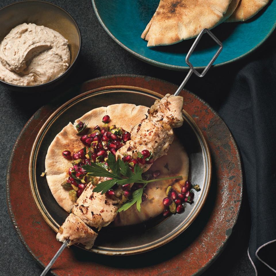 Turkish-Spiced Chicken Kebabs with Pomegranate Relish and Tahini Yogurt