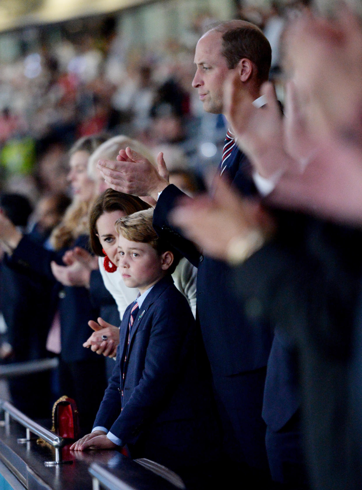 LONDON, ENGLAND - JULY 11: Prince George of Cambridge, Catherine, Duchess of Cambridge, and Prince William, Duke of Cambridge and President of the Football Association (FA) are seen in the stands prior to the UEFA Euro 2020 Championship Final between Italy and England at Wembley Stadium on July 11, 2021 in London, England. (Photo by Eamonn McCormack - UEFA/UEFA via Getty Images)