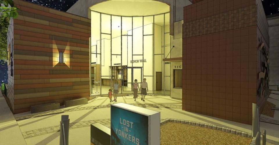 SLO Rep has revised plans for its new downtown theater on Monterey and Nipomo streets to encompass a smaller one-story building with a mainstage theater and black box theater. The new building is expected to draw 50,000 patrons a year. A rendering shows the main entrance at night.