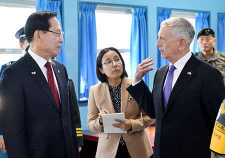 U.S. Defense Secretary Jim Mattis and South Korean Defense Minister Song Young-moo visit the truce village of Panmunjom, South Korea October 27, 2017. Yonhap/via REUTERS