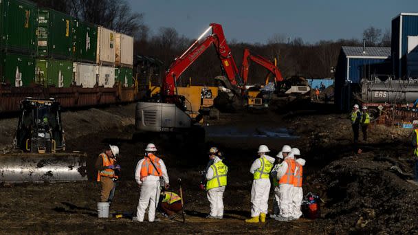 PHOTO: EAST PALESTINE, OH - MARCH 09: Ohio EPA and EPA contractors collect soil and air samples from the derailment site on March 9, 2023 in East Palestine, Ohio. (Michael Swensen/Getty Images)