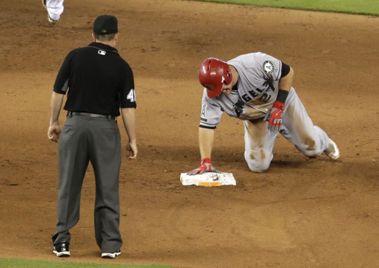 Mike Trout missed 39 games after injuring his thumb during a slide. (AP Photo)