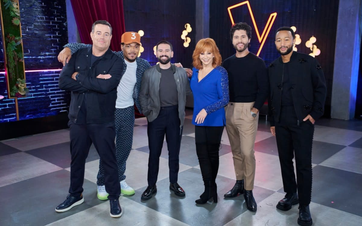 Carson Daly, Chance the Rapper, Shay Mooney, Reba McEntire, Dan Smyers, John Legend<p>Photo by: Tyler Golden/NBC</p>