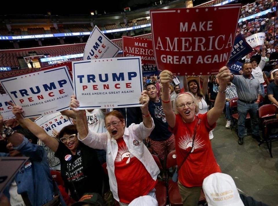 Supporters cheer as Donald Trump holds a rally at BB&T Center in Sunrise on August 10, 2016.