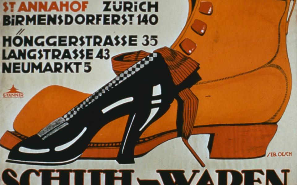 Waiting for the other shoe to drop: a poster for shoe shops in Zurich, Switzerland - Bridgeman Images