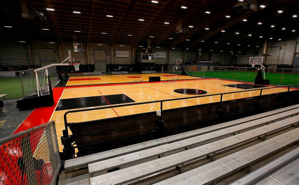 A pair of basketball courts for Clubhouse Sports Academy sit in the middle of the arena space inside the HAPO Center at 6600 Burden Blvd in Pasco.