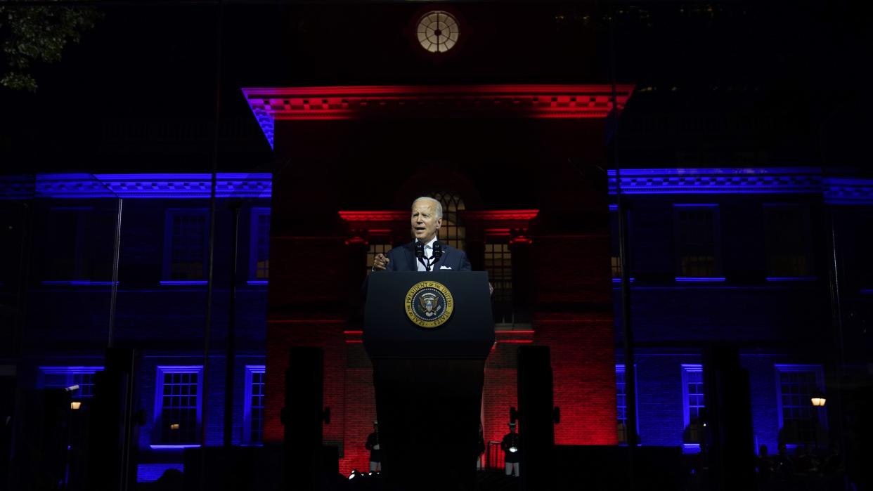 President Joe Biden speaks outside Independence Hall, Thursday, Sept. 1, 2022, in Philadelphia. (AP Photo/Evan Vucci)