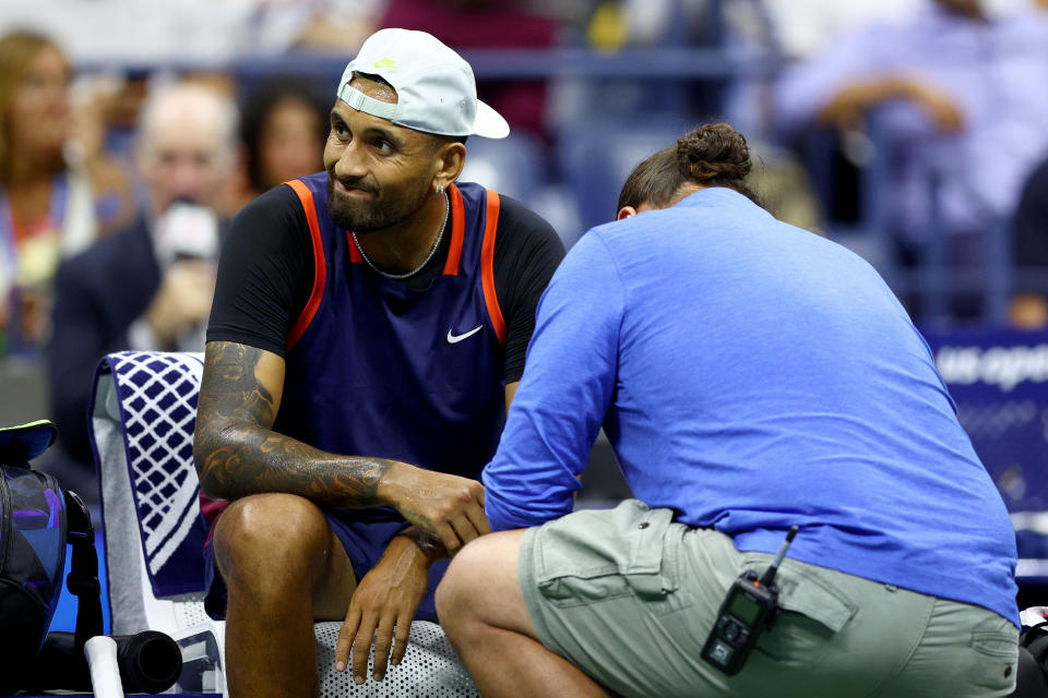 Nick Kyrgios, pictured here receiving treatment during his clash with Karen Khachanov at the US Open.