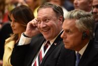 <p>U.S. First Lady Melania Trump and US Secretary of State Mike Pompeo attend a joint press conference of the US and Russian Presidents after a meeting at the Presidential Palace in Helsinki, on July 16, 2018. (Photo: Brendan Smialowski/AFP/Getty Images) </p>