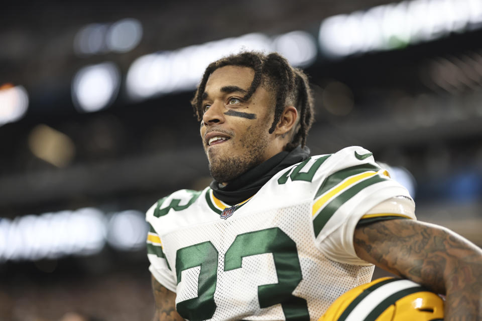 LAS VEGAS, NEVADA - OCTOBER 09: Jaire Alexander #23 of the Green Bay Packers reacts during the national anthem prior to an NFL football game between the Las Vegas Raiders and the Green Bay Packers at Allegiant Stadium on October 09, 2023 in Las Vegas, Nevada. (Photo by Michael Owens/Getty Images)
