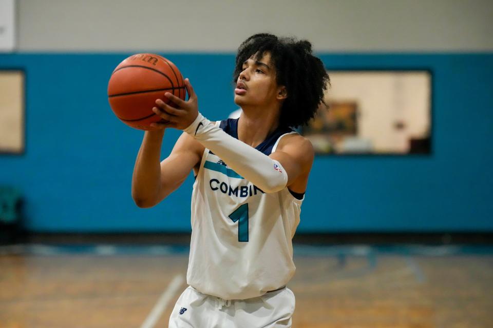 Forward Trentyn Flowers shoots during warms up at Combine Academy on Dec. 7, 2022. Flowers had planned to play college basketball at Louisville but will instead pursue a pro career in Australia.