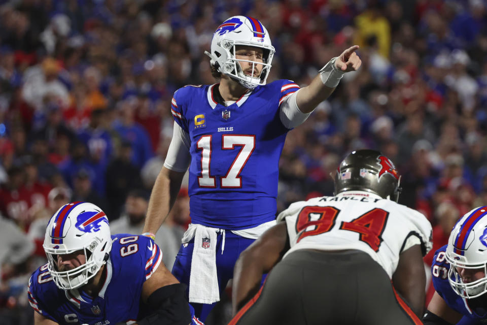 Buffalo Bills quarterback Josh Allen (17) gestures in the first half of an NFL football game against the Tampa Bay Buccaneers, Thursday, Oct. 26, 2023, in Orchard Park, N.Y. (AP Photo/Jeffrey T. Barnes)