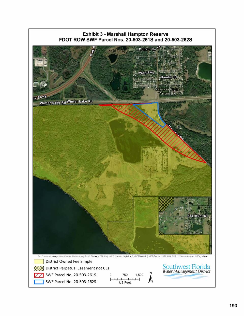 An image provided by the Southwest Florida Water Management District shows the Marshall Hampton Reserve land in yellow and the areas sold by the district for the Central Polk Parkway project in red and blue.