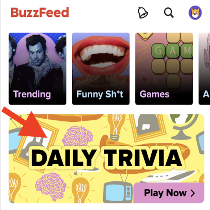 Close-up of the BuzzFeed iOS app, focusing on a box that reads DAILY TRIVIA, PLAY NOW.