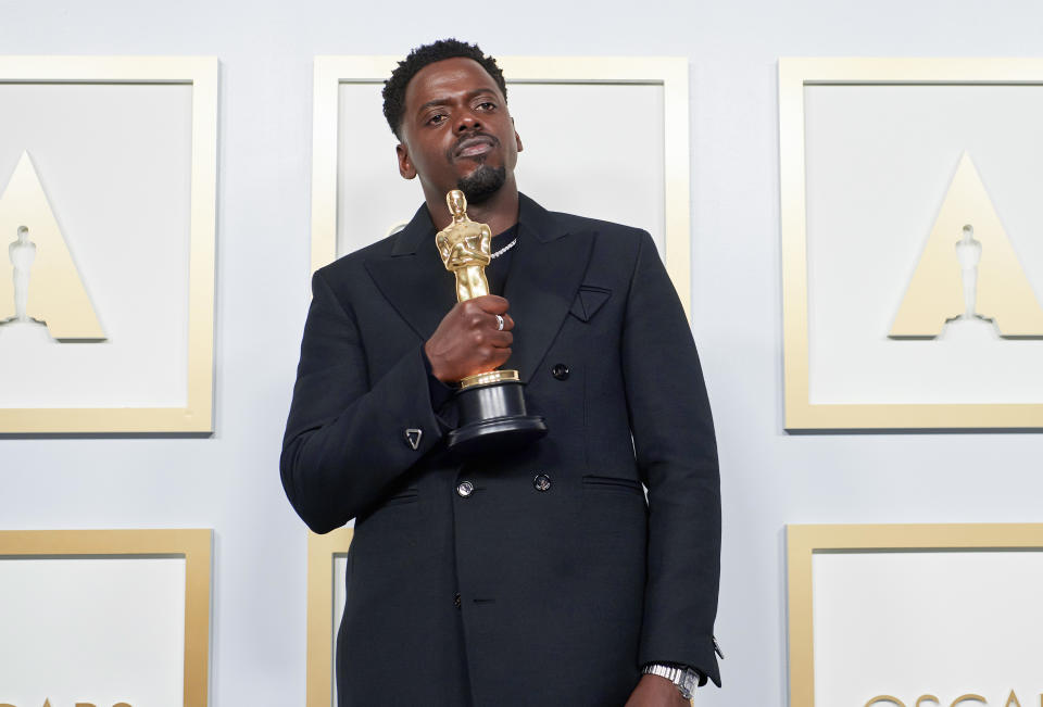 Daniel Kaluuya poses with the Best Actor in a Supporting Role award for 'Judas and the Black Messiah' in the press room during the 93rd Annual Academy Awards at Union Station on April 25, 2021 in Los Angeles, California. (Photo by Matt Petit/A.M.P.A.S. via Getty Images)