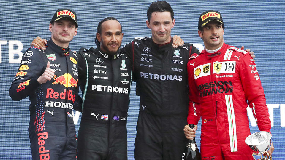 Max Verstappen, Lewis Hamilton and Carlos Sainz, pictured here on the podium after the Russian Grand Prix.