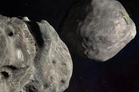 This illustration made available by Johns Hopkins APL and NASA depicts NASA's DART probe, upper right, on course to impact the asteroid Dimorphos, left, which orbits Didymos. DART is expected to zero in on the asteroid Monday, Sept. 26, 2022, intent on slamming it head-on at 14,000 mph. The impact should be just enough to nudge the asteroid into a slightly tighter orbit around its companion space rock. (Steve Gribben/Johns Hopkins APL/NASA via AP)