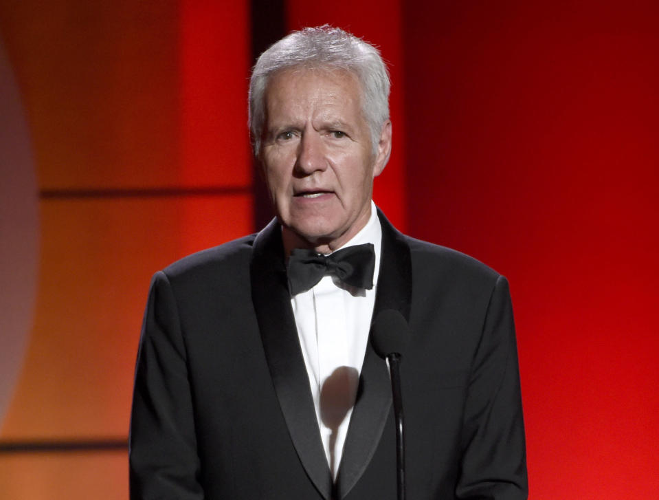 FILE - In this April 30, 2017, file photo, Alex Trebek speaks at the 44th annual Daytime Emmy Awards at the Pasadena Civic Center in Pasadena, Calif. Trebek says he's already rehearsed what he's going to say to the audience on his final show. Trebek, host of the popular game show since 1984, announced last March that he'd been diagnosed with stage 4 pancreatic cancer but will continue his job while still able. In an interview on ABC-TV broadcast Thursday, Trebek said he'll ask the director to leave him 30 seconds at the end of his last taping. (Photo by Chris Pizzello/Invision/AP, File)