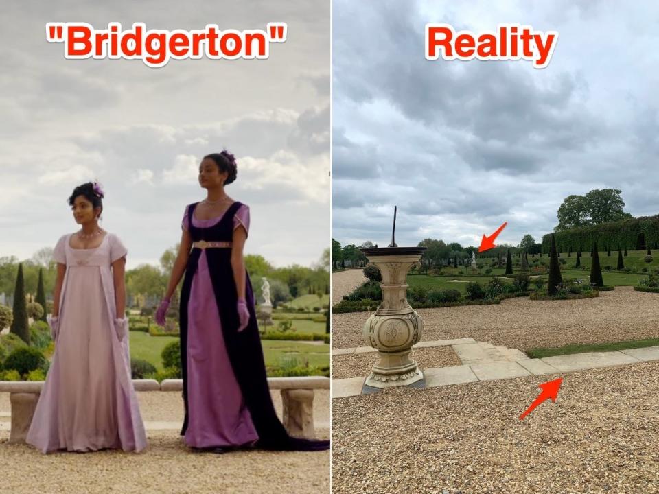 The Privy Garden at Hampton Court Palace in "Bridgerton," and in reality.
