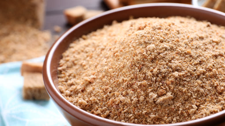 Breadcrumbs in a brown bowl
