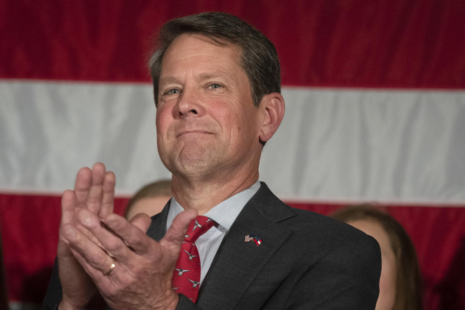 FILE - In this July 26, 2018, file photo, Georgia Secretary of State Brian Kemp appears during a unity rally, in Peachtree Corners, Ga. Stacey Abrams, the Democrat vying for the governorship of Georgia, is ratcheting up her assertion that Kemp is effectively suppressing minority and women voters, setting up a defining fault line in one of the nation's premier midterm election contests. (AP Photo/John Amis, File)