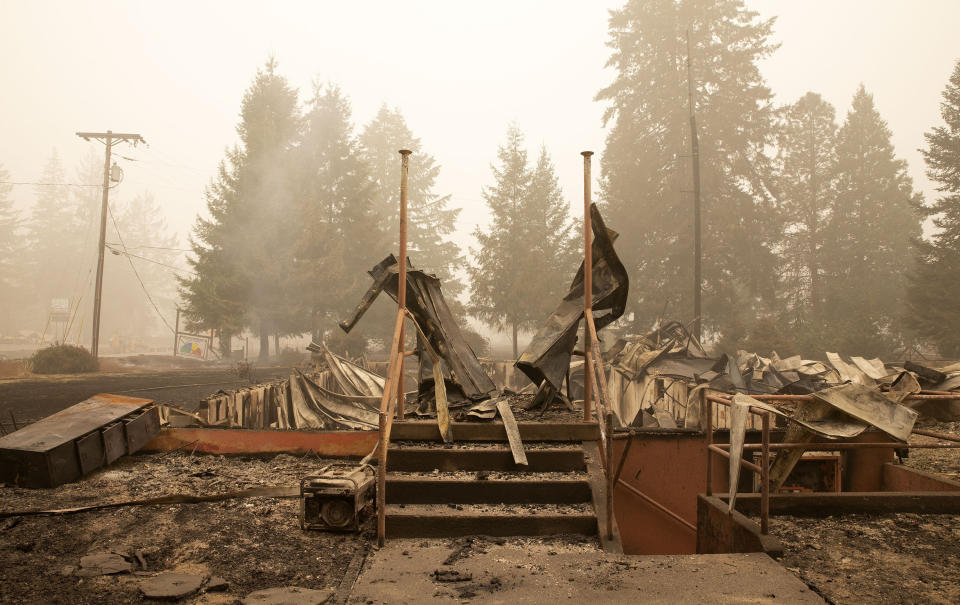 FILE - The remains of the Oregon Department of Forestry, North Cascade District Office sit on Sept. 13, 2020, after it was destroyed by a wildfire, in Lyons, Ore. An Oregon jury awarded $85 million Tuesday, Jan. 23, 2024, to nine victims of wildfires that ravaged the state in 2020, in the latest trial faced by utility PacifiCorp over its liability in the deadly blazes. (Rob Schumacher/Statesman-Journal via AP, Pool, File)