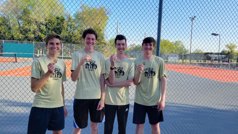 Sacred Heart's Jace Douglas, Sean Riordan, Casey Perrin and Ben Cheney qualified for the 3-2-1A state tennis tournament on Friday in Lindsborg.