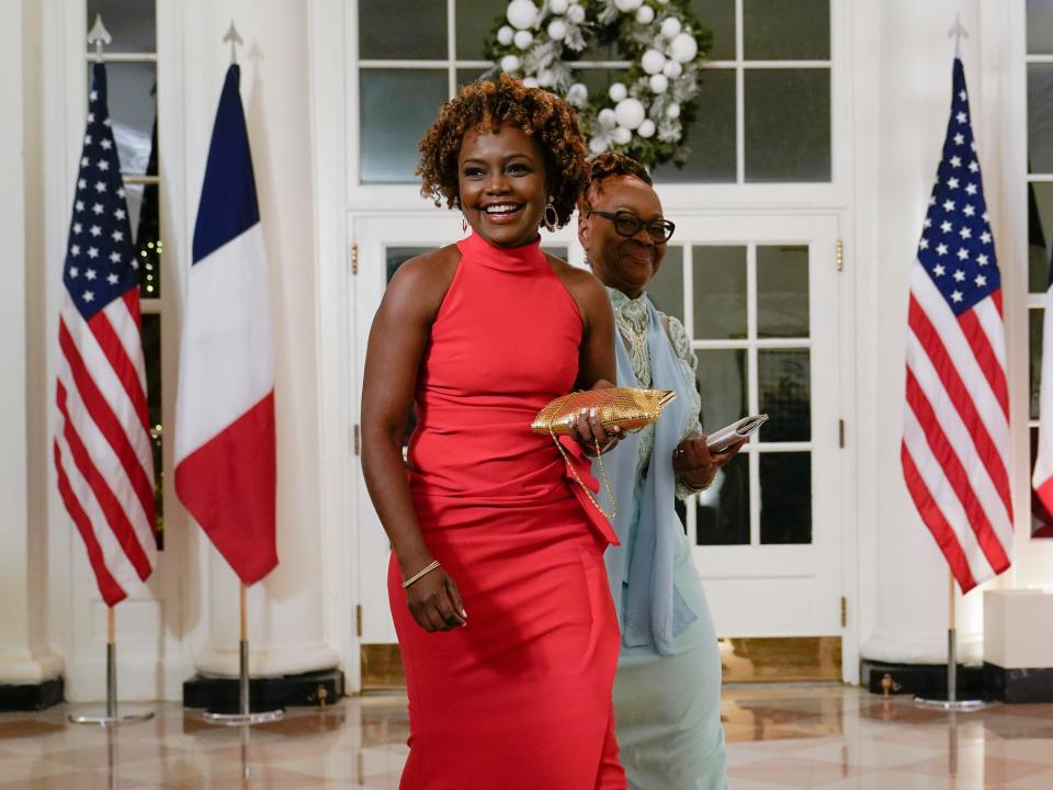 Karine Jean-Pierre arrives to the State Dinner in a red dress.