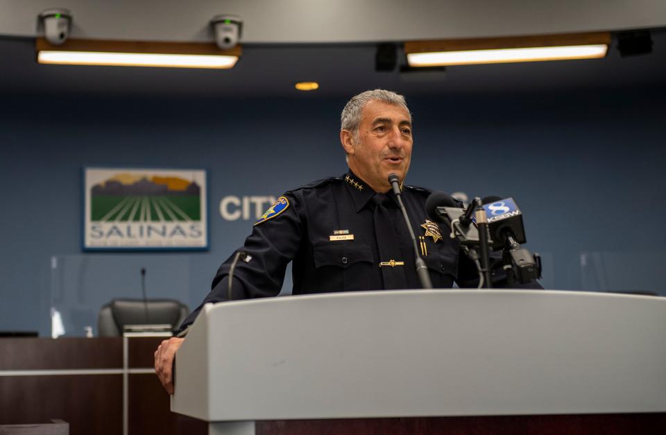 Roberto Filice, the new police chief for the Salinas Police Department talks with members of the media during a press conference inside the City Hall Rotunda in Salinas, Calif., on Tuesday, Oct. 26, 2021 