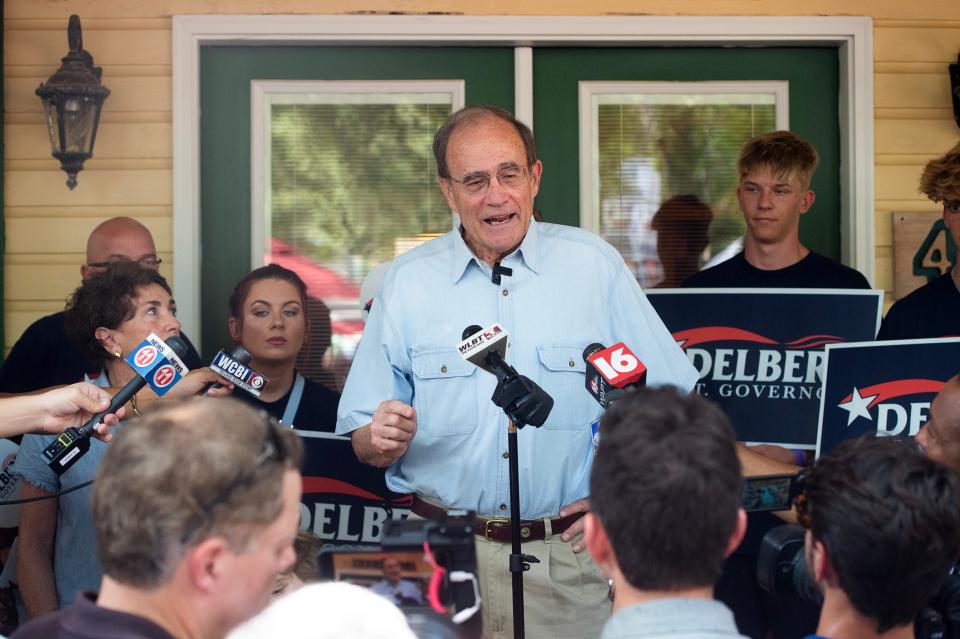 Incumbent candidate Delbert Hosemann addresses media after speaking in the pavilion in Founders Square at the Neshoba County Fair in Philadelphia on Wednesday, July 26, 2023. Hosemann is running against Sen. Chris McDaniel for the Republican nomination for lieutenant governor.