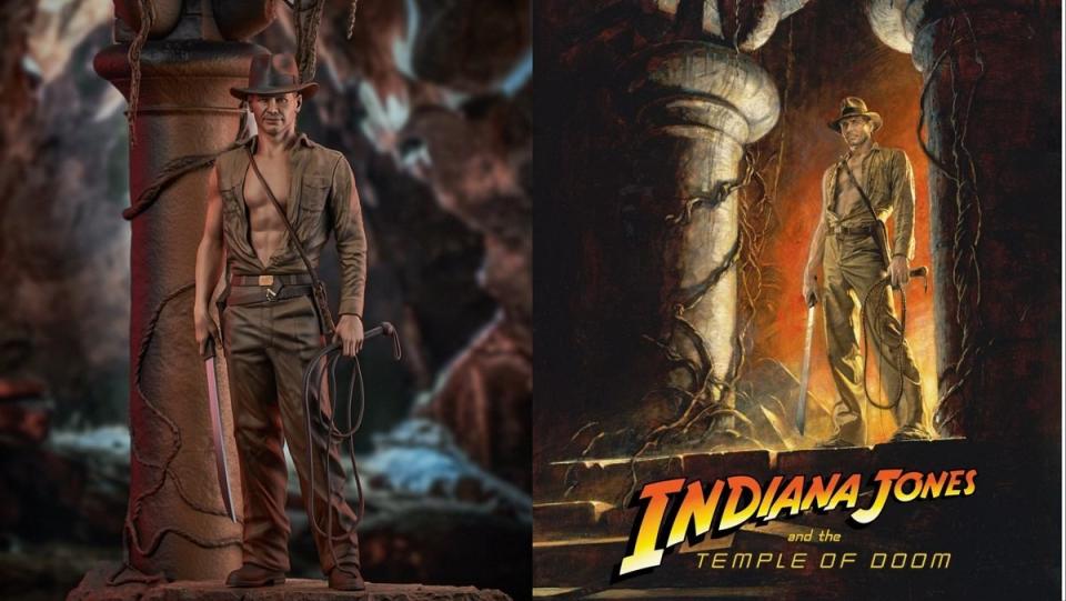 Indiana Jones and the Temple of Doom Gentle Giant statue (L) and original movie poster art (R)