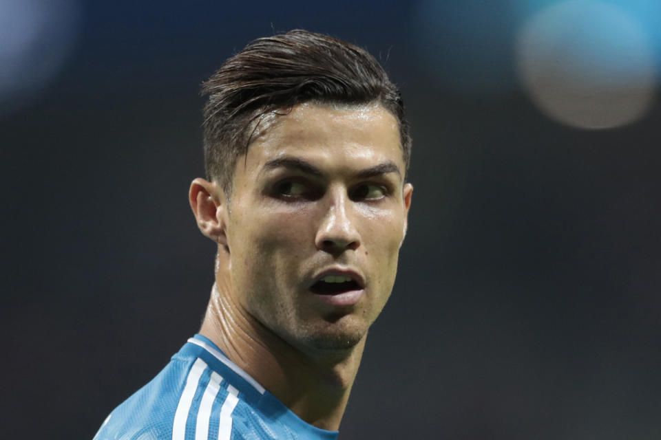 FILE - In this Sept. 18, 2019, file photo, Juventus' Cristiano Ronaldo looks back during the Champions League Group D soccer match in Madrid, Spain. Ronaldo's legal fight with a woman who accuses the international soccer star of raping her in his suite at a Las Vegas resort more than 10 years ago is heading toward a court hearing before a federal judge in Las Vegas. (AP Photo/Bernat Armangue, File)