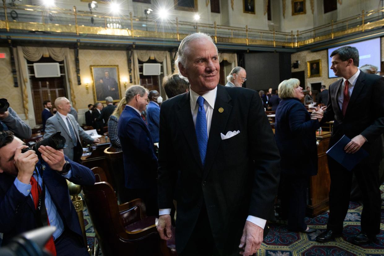 Gov. Henry McMaster is greeted by lawmakers after giving the State of the State address at the South Carolina State House Wednesday, Jan. 19, 2022.