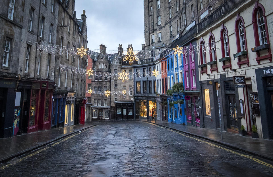 Closed shops along Victoria Street, Edinburgh in Scotland, where Covid-19 restrictions have been increased for three weeks from today in response to a new strain of the virus. Mainland Scotland is now in Level 4 � the toughest tier � and the islands have moved to Level 3.