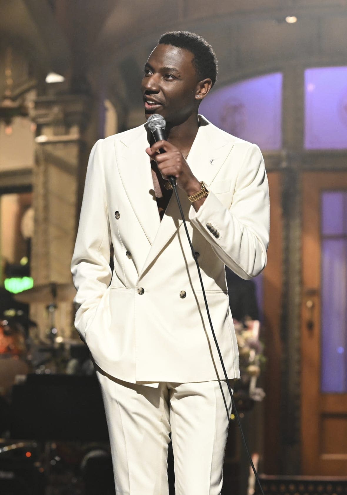 This image released by NBC shows host Jerrod Carmichael during his monologue on “Saturday Night Live.” Carmichael will host the Golden Globe Awards on Tuesday. (Will Heath/NBC via AP)