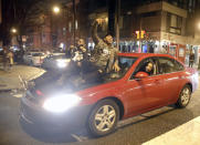 <p>Philadelphia Eagles fans celebrate the team’s victory in NFL Super Bowl 52 against the New England Patriots, Monday, Feb. 5, 2018, in downtown Philadelphia. (AP Photo/Matt Rourke) </p>