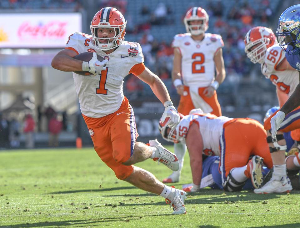 Clemson running back Will Shipley (1) runs during the fourth quarter of the TaxSlayer Gator Bowl at EverBank Stadium in Jacksonville, Florida, Friday, Dec. 29, 2023. Clemson won 38-35. Ken Ruinard/USA TODAY NETWORK