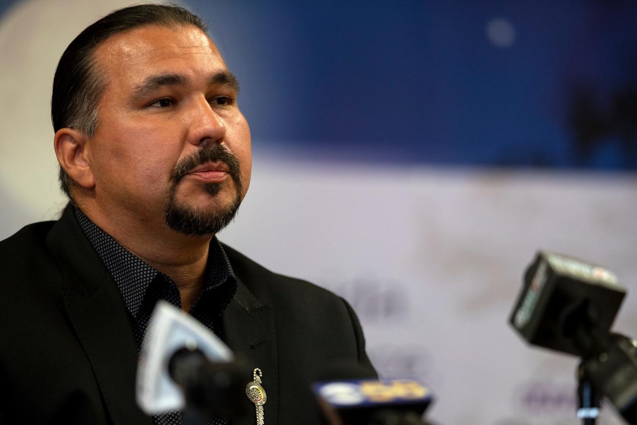 FILE - In this file photo, Oneida Nation Chairman Tehassi Hill speaks during an Oneida Nation press conference at the Norbert Hill Center in Oneida.