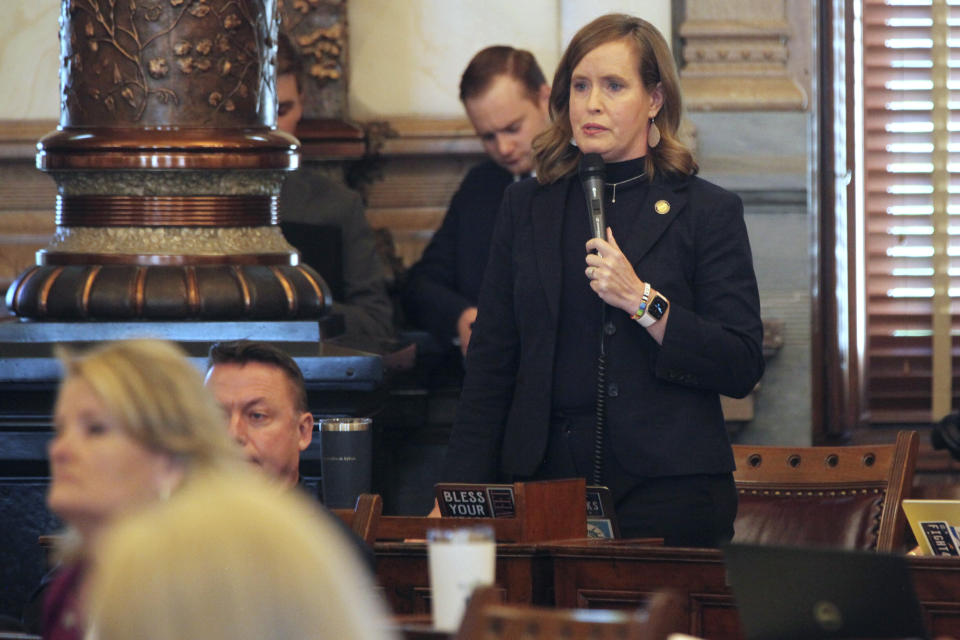 Kansas Senate Minority Leader Dinah Sykes, D-Lenexa, speaks against overriding Democratic Gov. Laura Kelly's veto of a proposed ban on gender-affirming care for minors. Sykes argues that the ban would deny transgender children crucial care that helps lessen severe depression and suicidal tendencies. (AP Photo/John Hanna)