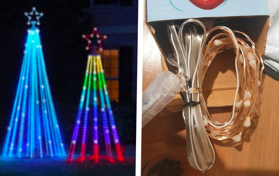 Christmas light display next to DIY rolls of lights